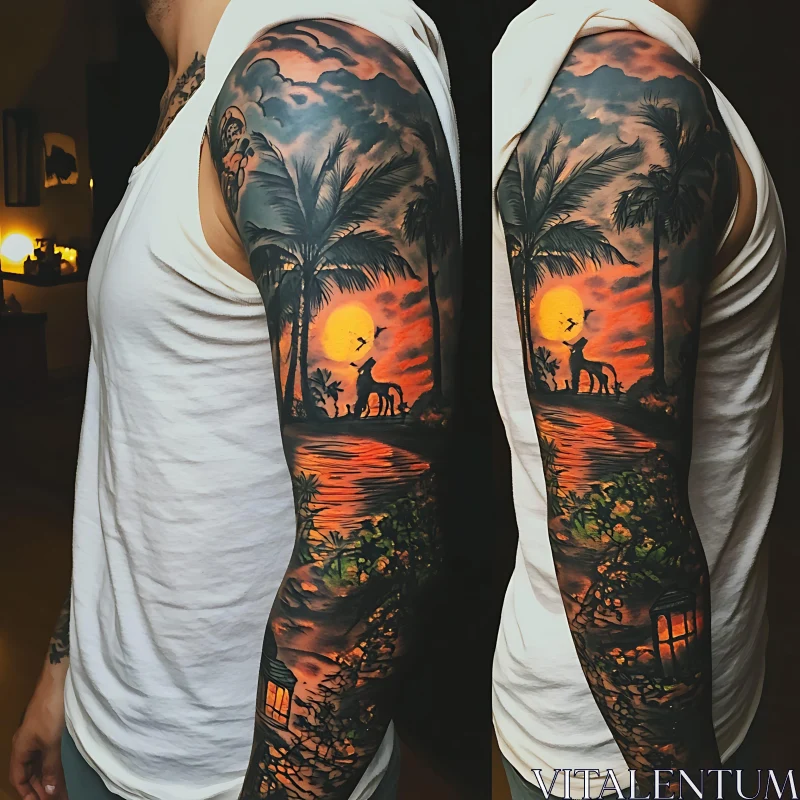 Vivid Giraffe Sunset Tattoo Sleeve AI Image