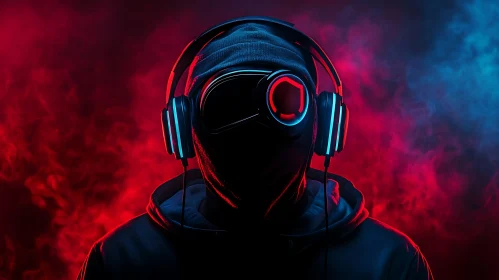 Enigmatic Neon-lit Figure with Headphones