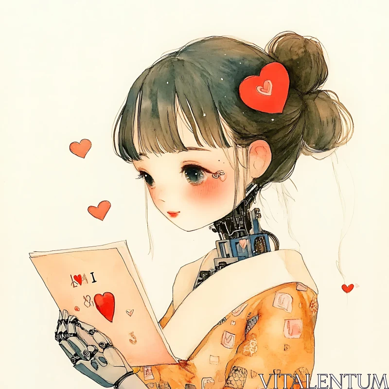 Anime Robot Girl Holding a Heart-Filled Card AI Image