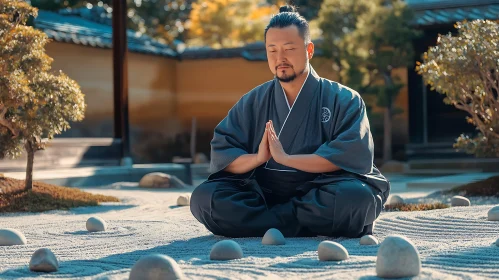 Serene Man Meditating in Traditional Garden