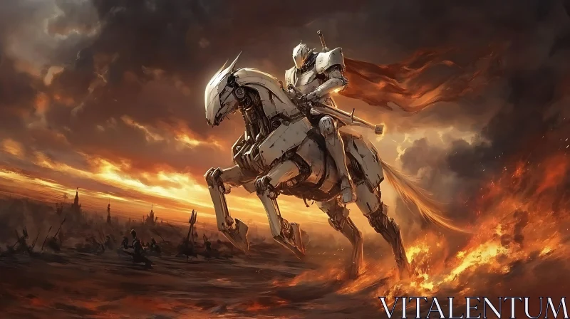 Post-Apocalyptic Warrior on Robot Horse Amidst Flames AI Image