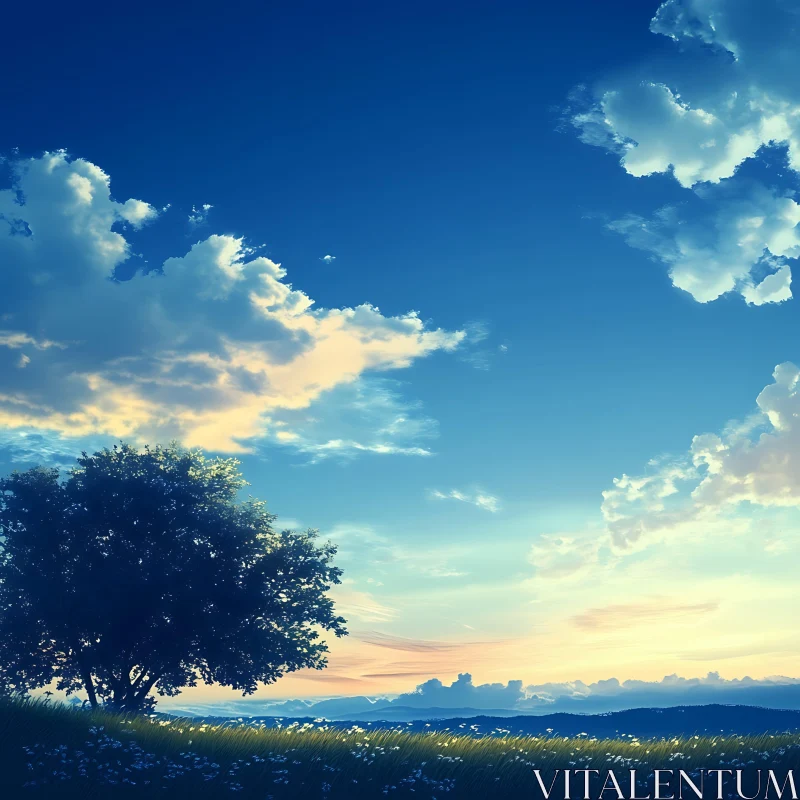 AI ART Landscape with Tree and Clouds