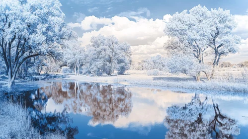 Tranquil Snowy Trees Reflecting in a Calm Lake