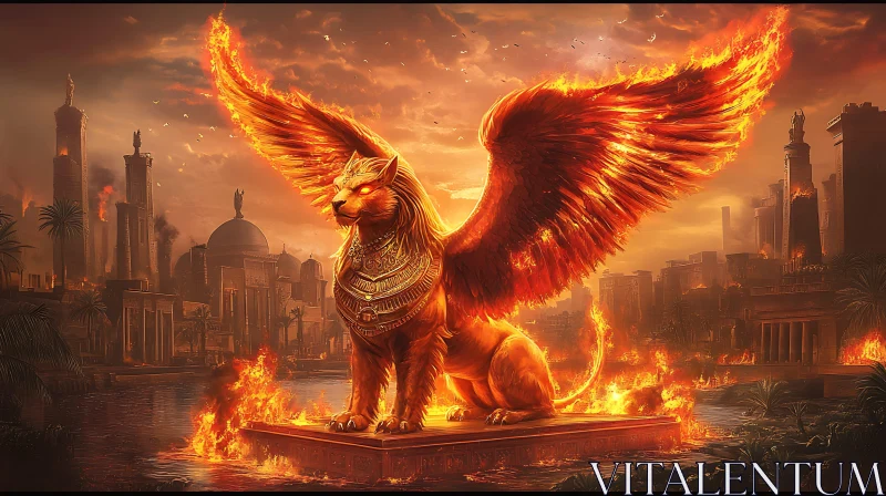 AI ART Winged Lion Phoenix in Burning Cityscape