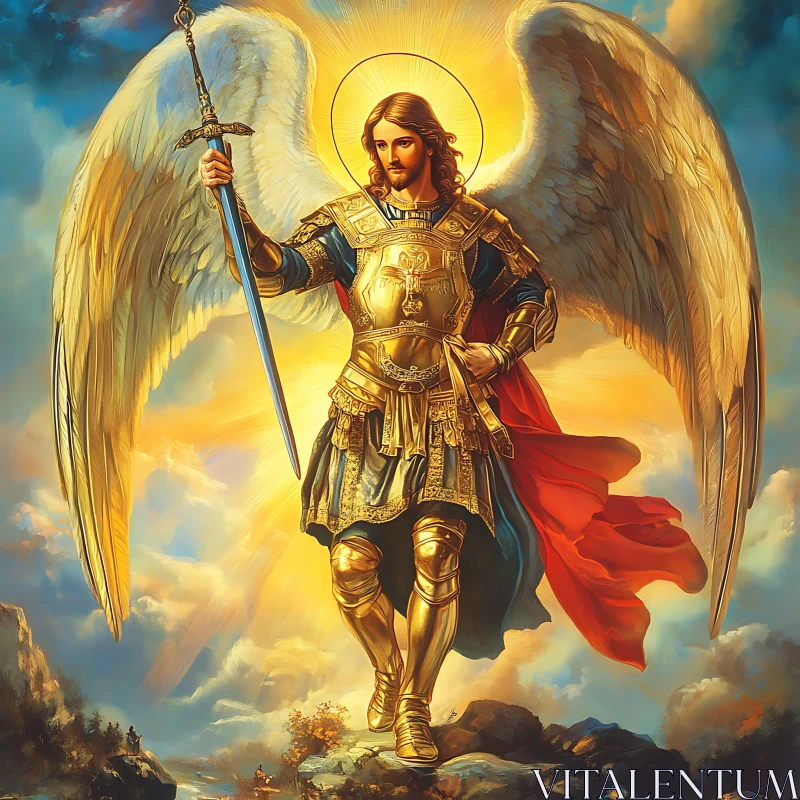 AI ART Golden Angel with Sword and Wings