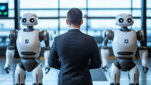 Man in Suit with Humanoid Robots