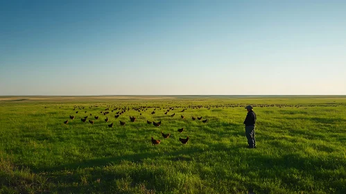 Chickens in Field with Farmer