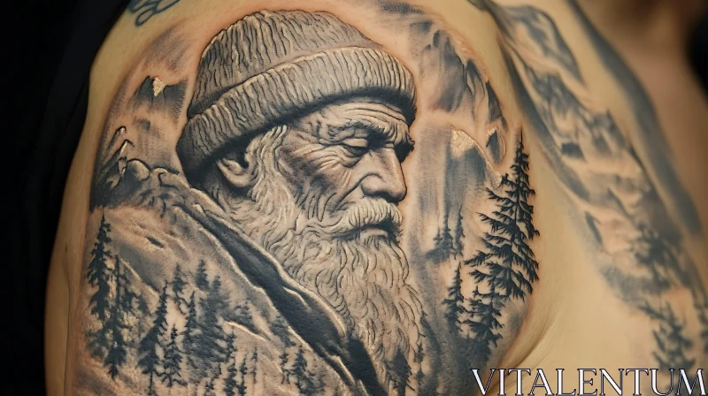 Tattoo Featuring Old Man with Mountain and Forest Background AI Image