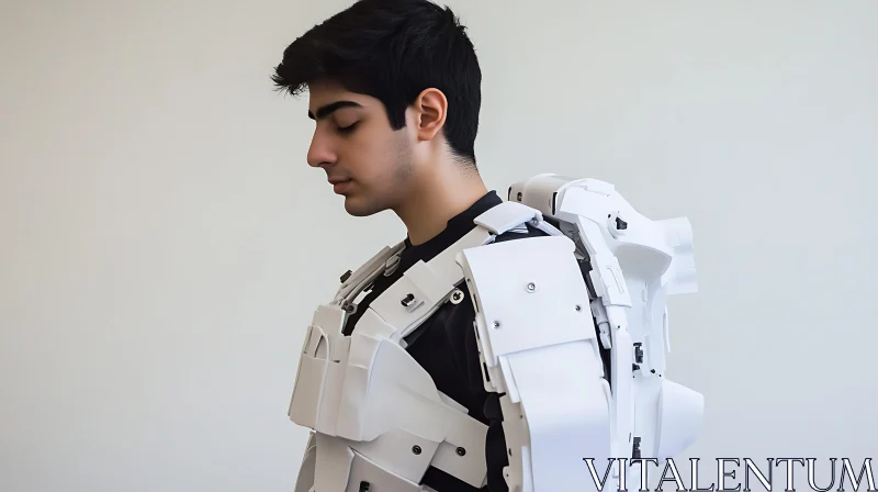 Person in High-Tech White Exoskeleton Armor AI Image