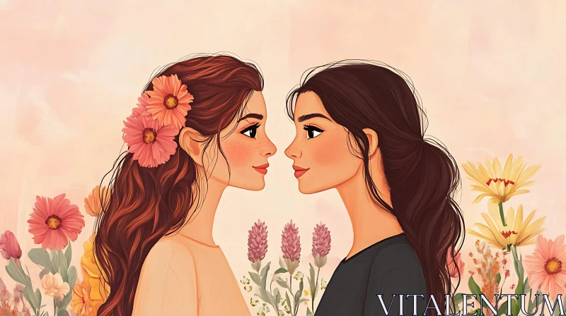 Two Women in Floral Embrace AI Image