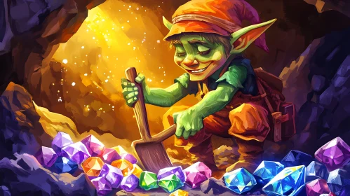 Cartoon Goblin Mining Precious Gems