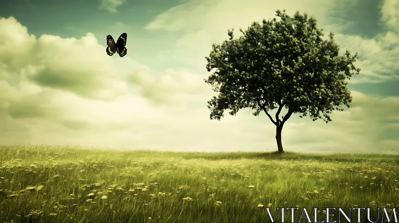 AI ART Solitary Tree with Butterfly