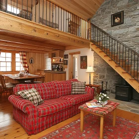 Cozy Living Room with Stone Fireplace