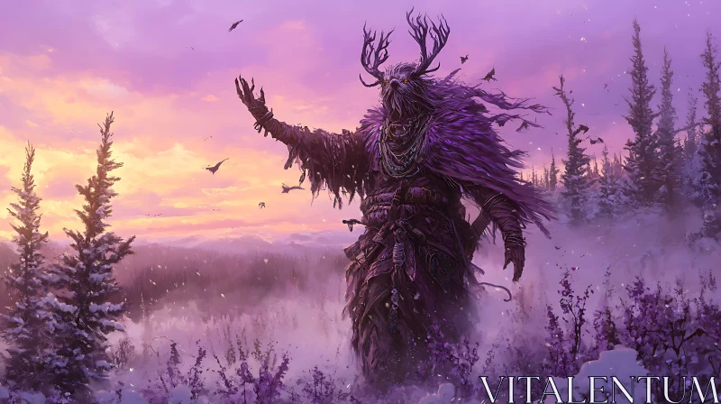 Horned Figure in Violet Forest AI Image