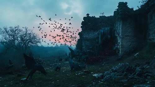 Gloomy Ruins and Birds in Flight