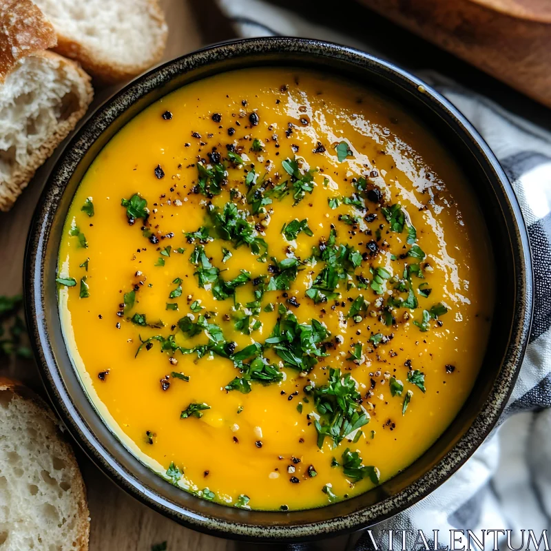 Savory Squash Soup with Herb Garnish and Rustic Bread AI Image