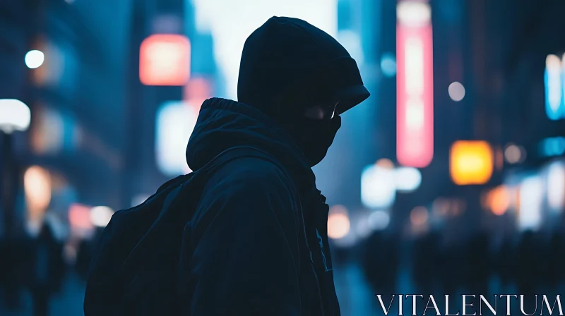 Hooded Figure in Urban Nightscape AI Image