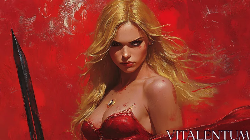 AI ART Red Portrait of a Blonde Warrior Woman