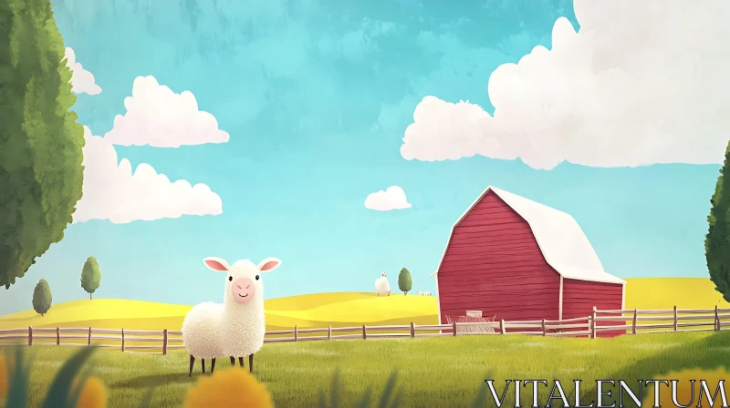 AI ART Cartoon Sheep in Field with Barn