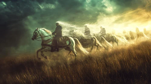 Ghostly Horsemen in a Grassy Field