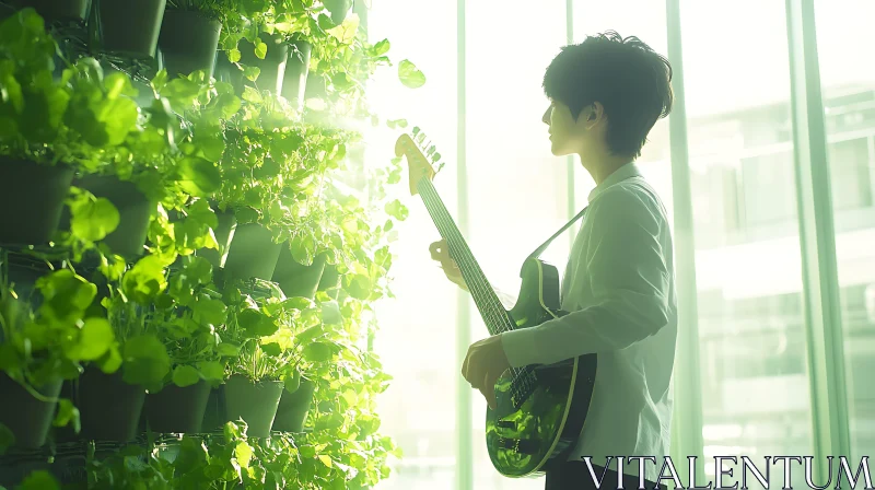 Man Playing Guitar by Living Wall AI Image