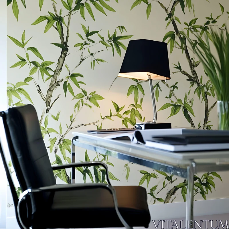 AI ART Modern Interior with Botanical Wallpaper