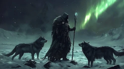 Hooded Character with Wolves in Winter