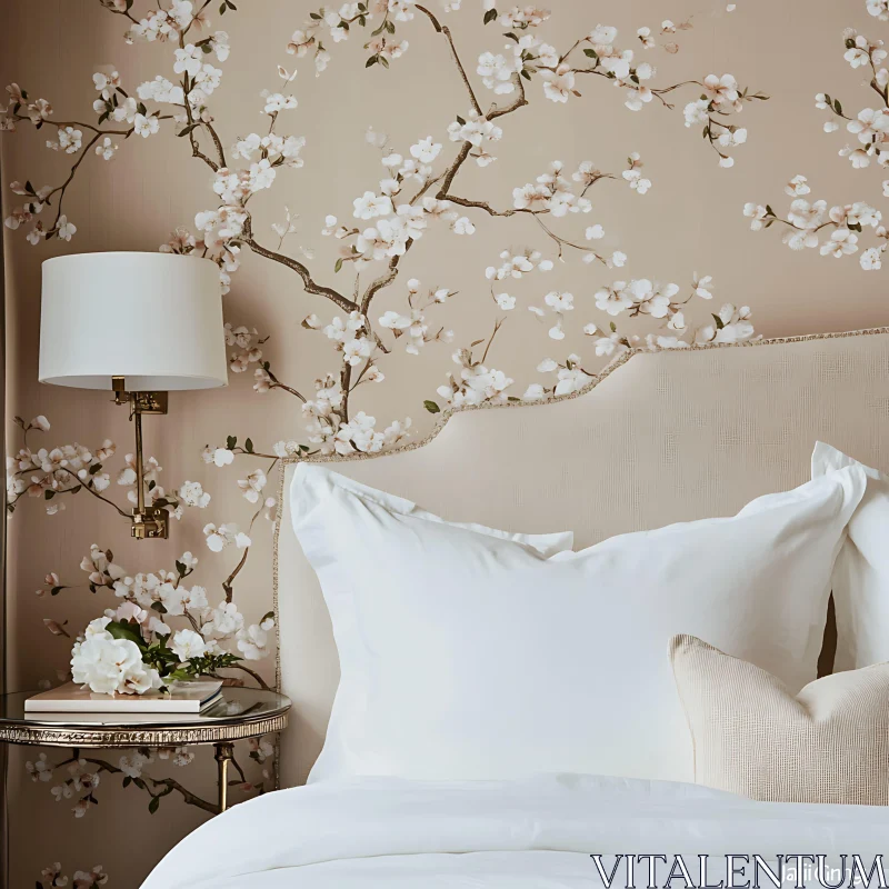 Calm Bedroom Interior with Floral Accents AI Image