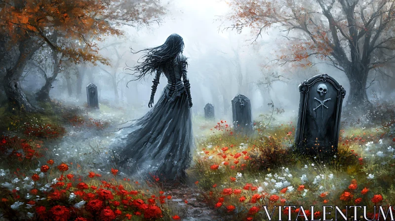 AI ART Woman in Misty Graveyard