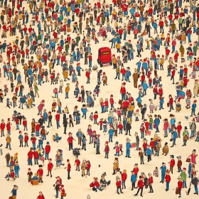 Dense Gathering of Figures with Red Accent