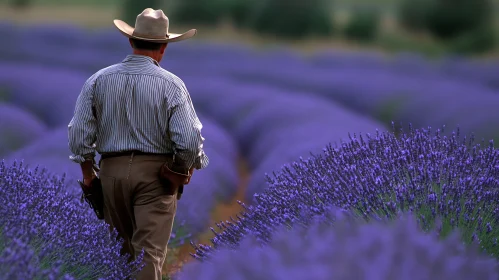 Man Walking Through Lavender Field