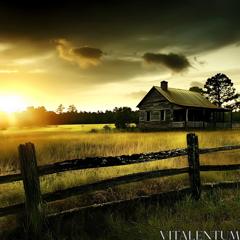 Old House in Field at Sunset AI Image