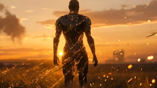 Sunset Cyborg Amidst Sparks in Field