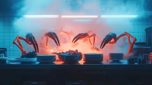 Futuristic Kitchen Scene with Robot Chefs