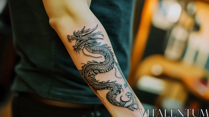 Dragon Tattoo Art: Black Ink Forearm Design AI Image