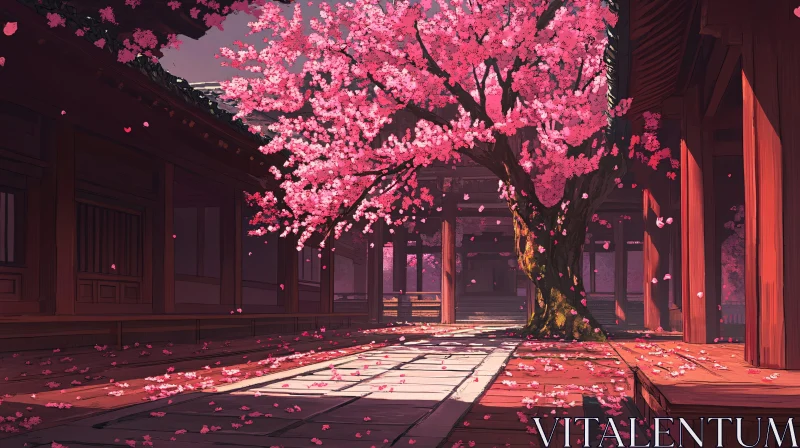 AI ART Blossoming Cherry Tree in Ancient Japanese Garden