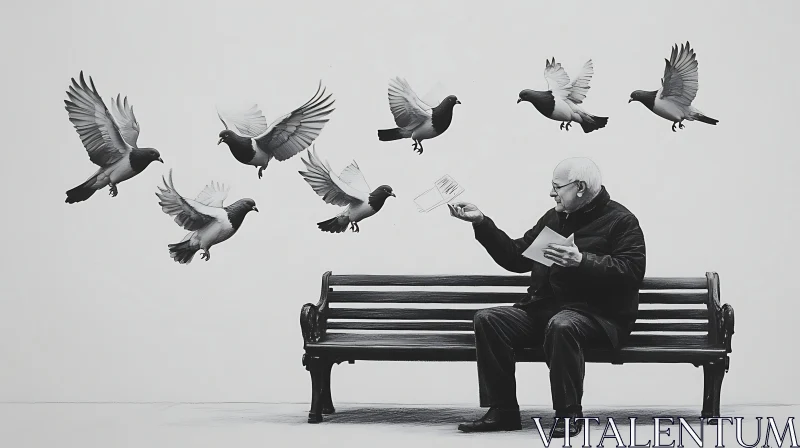 AI ART Monochrome Pigeons and Man Composition