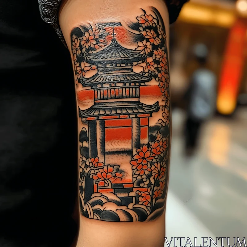 AI ART Japanese Temple Tattoo with Floral Design