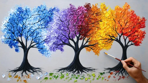 Palette Knife Painting of Colorful Trees