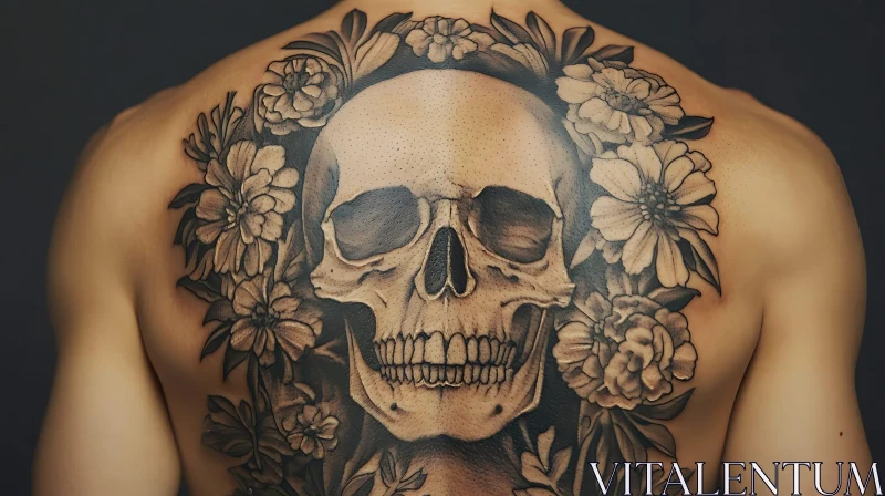 Skull Surrounded by Flowers Back Tattoo Design AI Image