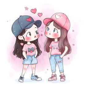 Two Cute Cartoon Girls with Hearts