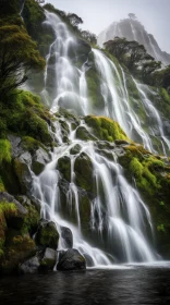 Enchanting Waterfall in a Summer Rain on a Green Mountain