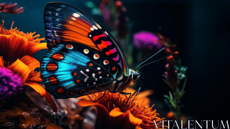 Mesmerizing Butterfly on Flower in High Contrast Teal and Orange AI Image