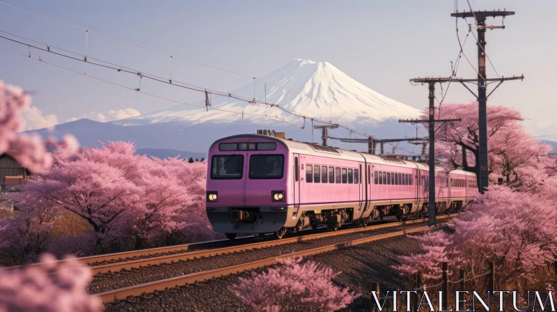 Pink Train Traveling Near a Majestic Mountain with Cherry Blossoms AI Image