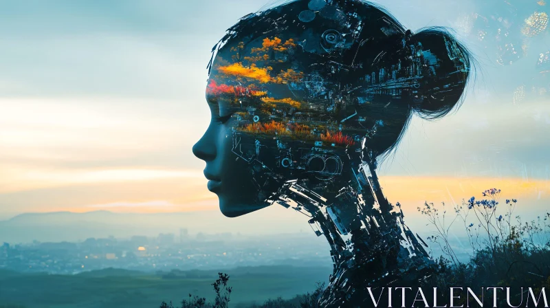 Robotic Silhouette with Sunset Landscape AI Image