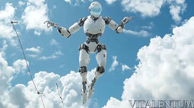 AI ART White Robot Floating Amidst Clouds