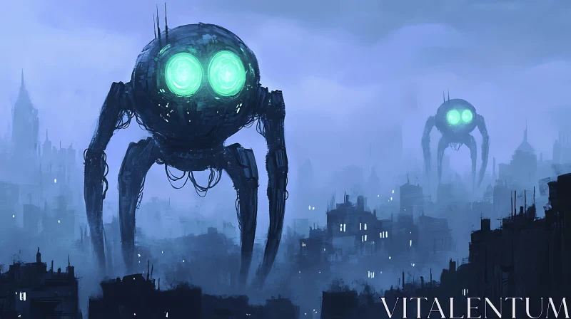 Robotic Sentinels Overlook the Ruined City AI Image