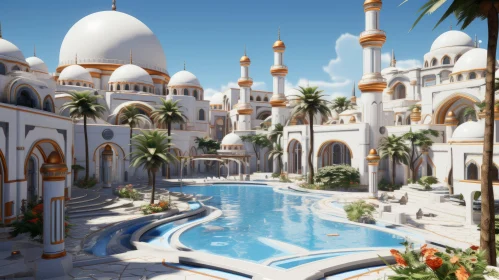 3D Rendered Arabic Structure with Pool - Islamic Art & Architecture