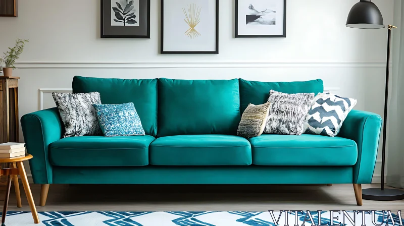 Comfortable Teal Sofa in Modern Interior AI Image