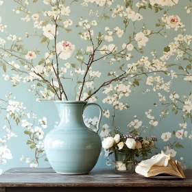 Vase with Flowers on Floral Background